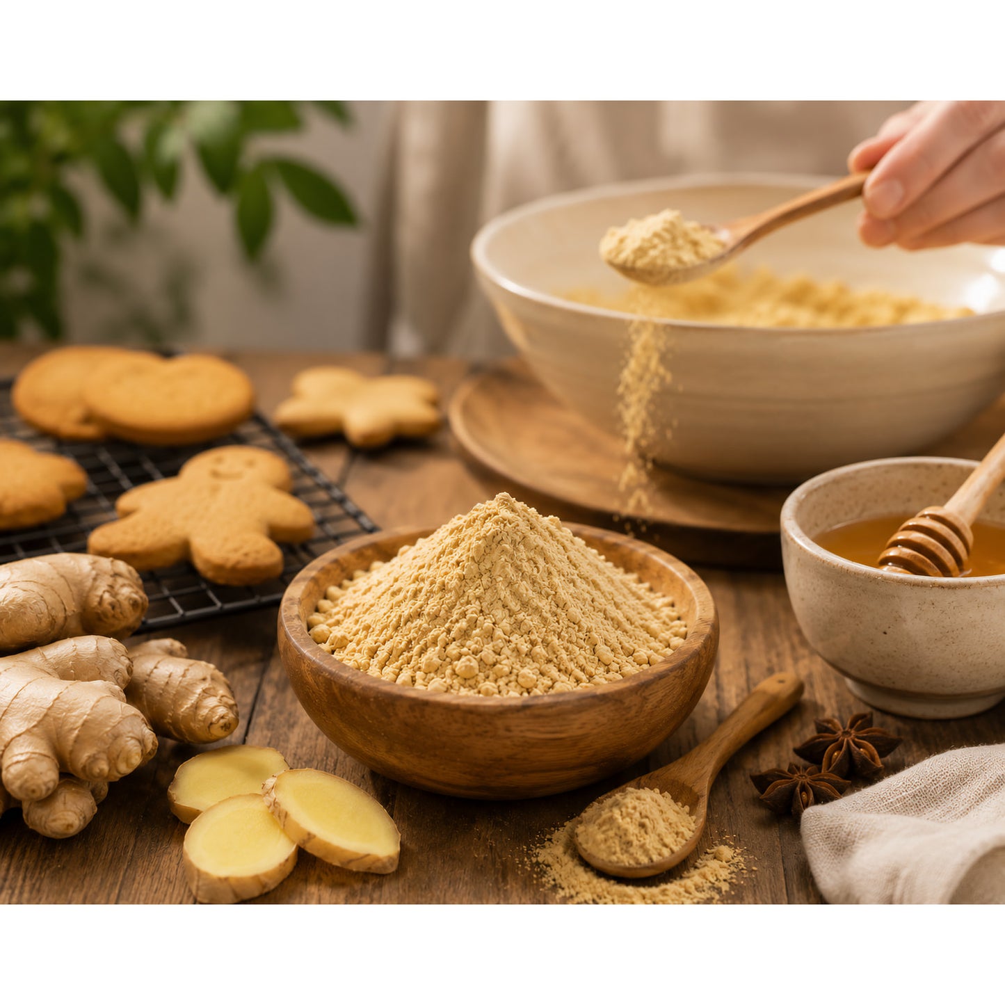 Holzschale mit gemahlenem ingwerpulver auf Holztisch, daneben frischer ingwer, honig, sternanis und weihnachtsplätzchen, im Hintergrund wird ingwerpulver mit Löffel dosiert.