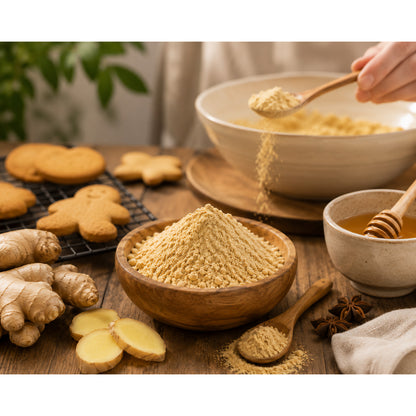 Holzschale mit gemahlenem ingwerpulver auf Holztisch, daneben frischer ingwer, honig, sternanis und weihnachtsplätzchen, im Hintergrund wird ingwerpulver mit Löffel dosiert.