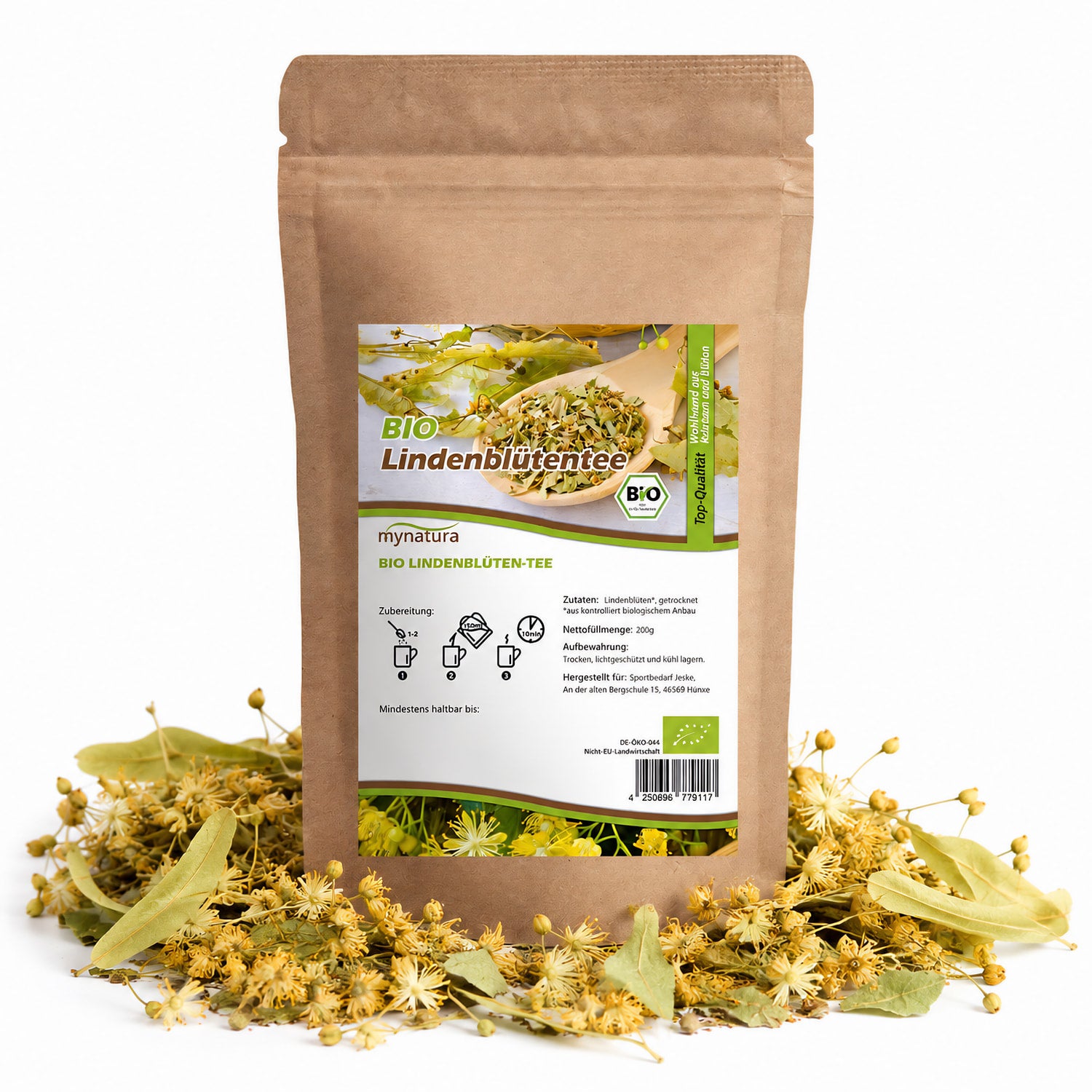Beutel Mynatura Bio Lindenblütentee 200g, stehend auf weißem Hintergrund, umgeben von getrockneten lindenblüten und blättern.