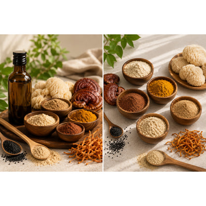 Verschiedene Superfood-Pulver, Pilze und eine Flasche Öl auf einem Tisch, stellvertretend für die Nährstoffe und Kräuter im Power Vital Set.