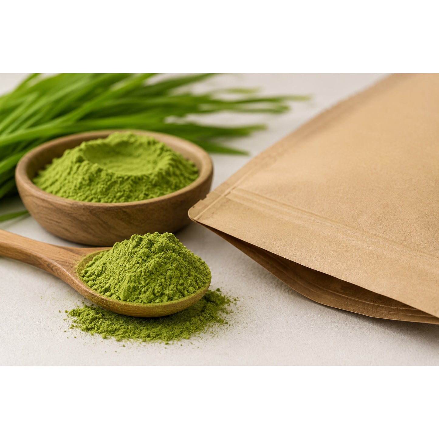 Nahaufnahme von gemahlenem Weizengras Superfood in Holzschale und Holzlöffel, daneben ein brauner Beutel und frische Kräuter.