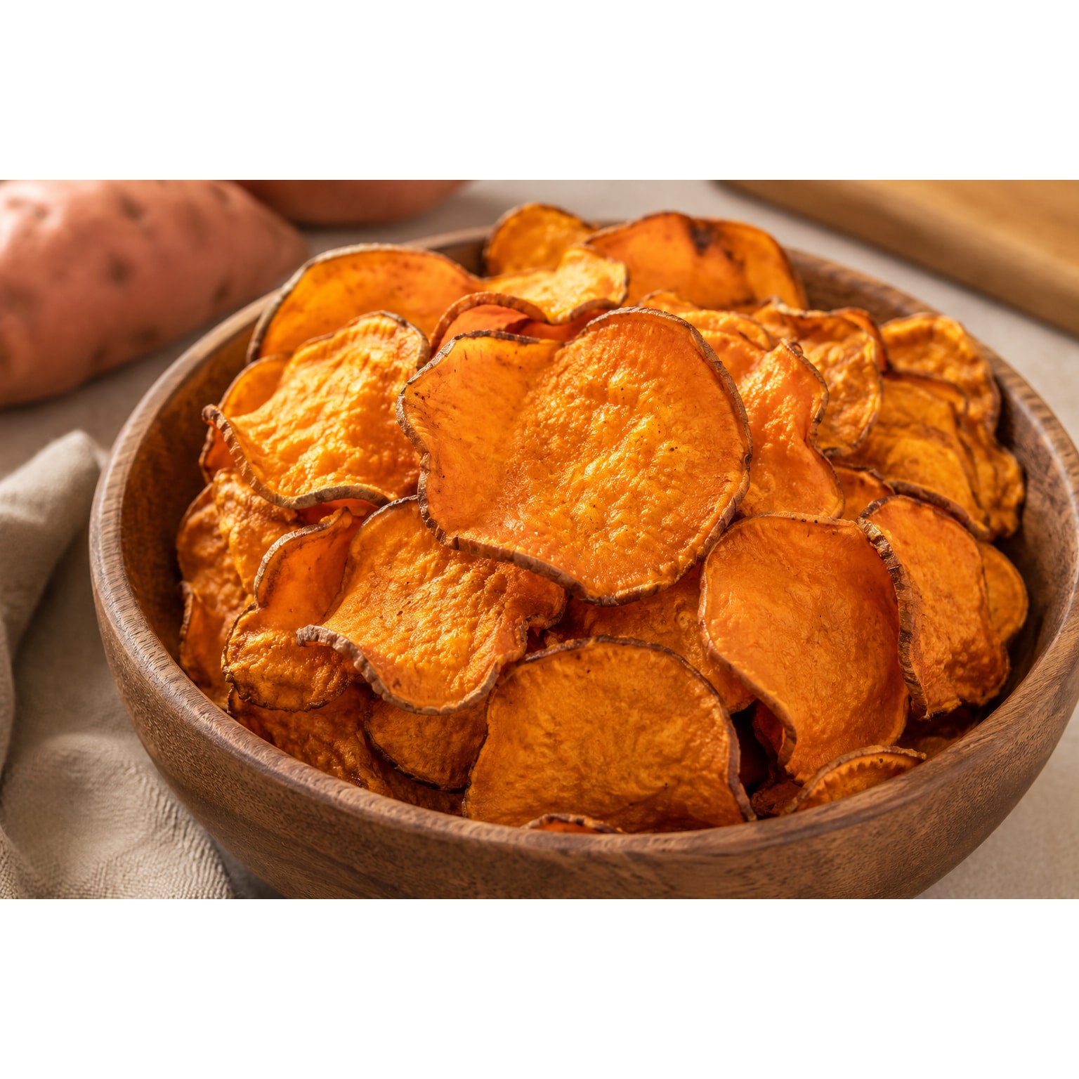 Holzschale gefüllt mit knusprigen ofengerösteten süßkartoffelchips, im Hintergrund angeschnittene süßkartoffel
