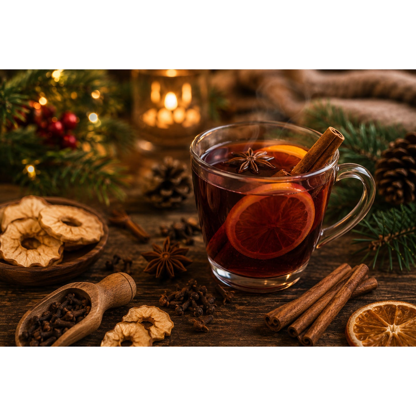 Glas weihnachtspunsch mit Zimtstange, Sternanis und Orangenscheibe, umgeben von getrockneten Apfelringen und Gewürzen, stimmungsvolle Dekoration im Hintergrund.