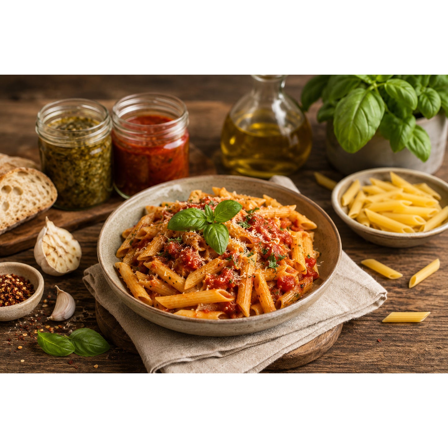 Teller mit Penne-Nudeln in Tomatensauce, garniert mit Basilikum, daneben Gewürze, Saucen und Olivenöl, als Inspiration für das Viva Italia Set zum Kochen und Genießen.