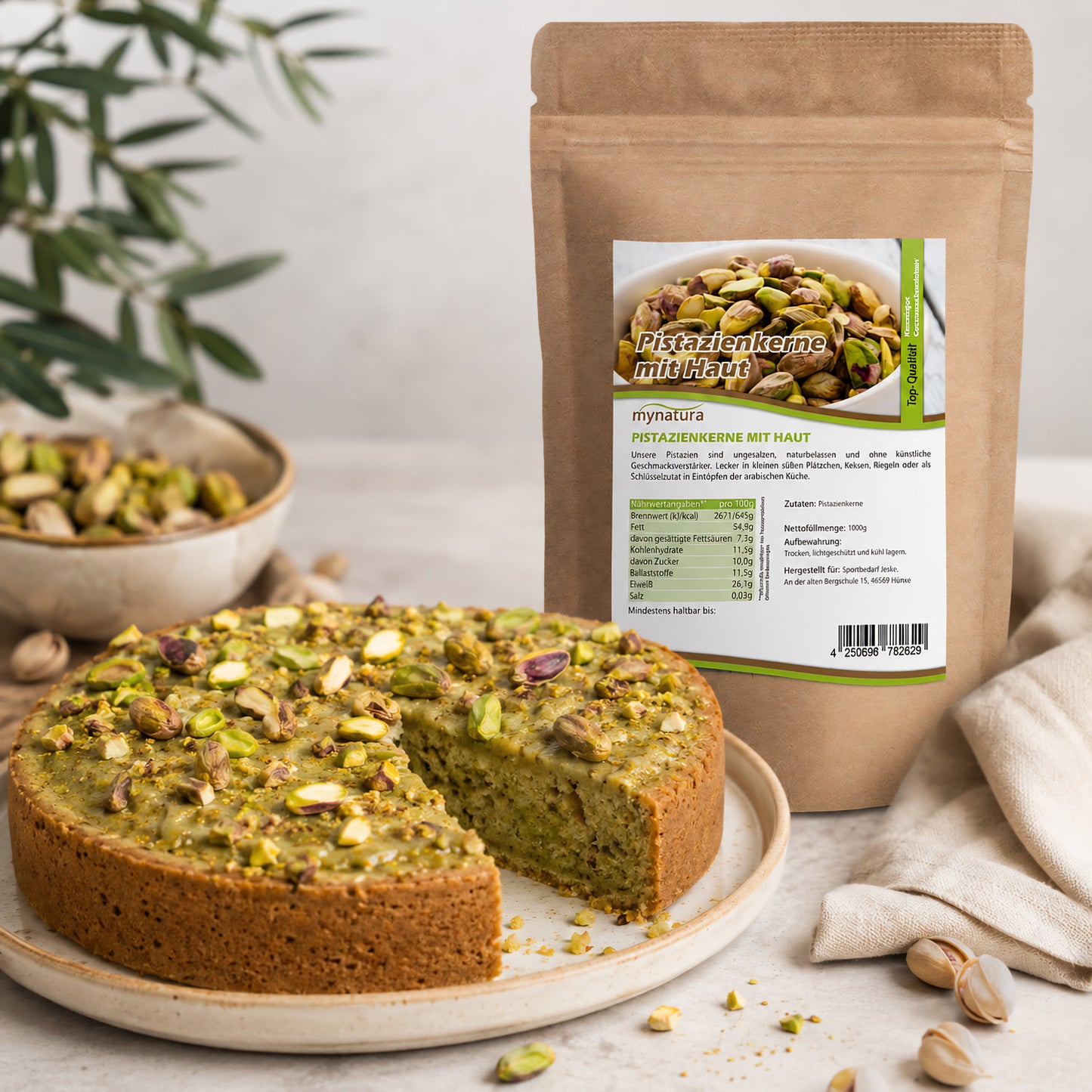 Pistazienkerne mit Haut im Beutel neben einem angeschnittenen Pistazienkuchen, ideal zum Backen und Kochen, im hellen Küchenambiente.