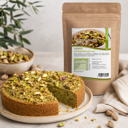 Pistazienkerne mit Haut im Beutel neben einem angeschnittenen Pistazienkuchen, ideal zum Backen und Kochen, im hellen Küchenambiente.