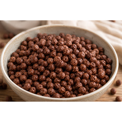 Nahaufnahme einer Schale gefüllt mit knusprigen Kakao Sojacrispies, die als Zutaten fürs Müsli verwendet werden können.