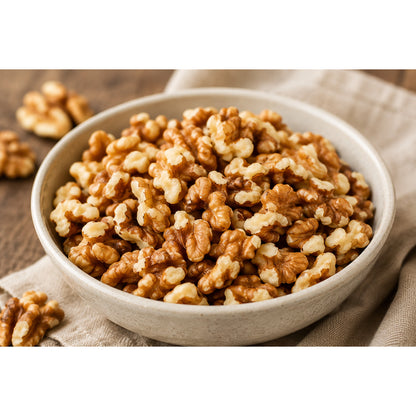 Schale gefüllt mit naturbelassenen Walnusskernen auf einem Tuch, Walnüsse im Vordergrund, ideal als Snack oder zum Kochen.