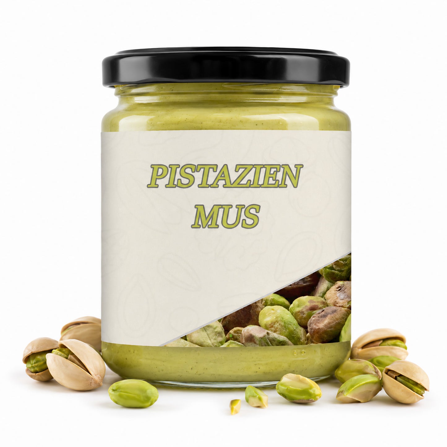 Offenes Glas mit pistazienmus, umgeben von ganzen und geöffneten Pistazien, Etikett mit Produktname sichtbar.