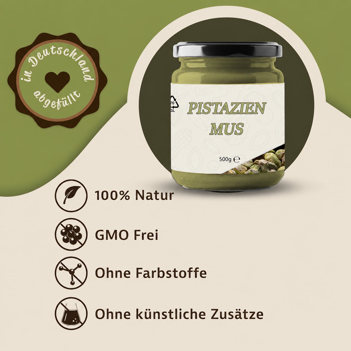 Pistazienmus im 500g Glas auf beigem Hintergrund, daneben Symbole und Hinweise zu natürlichen und veganen Eigenschaften.