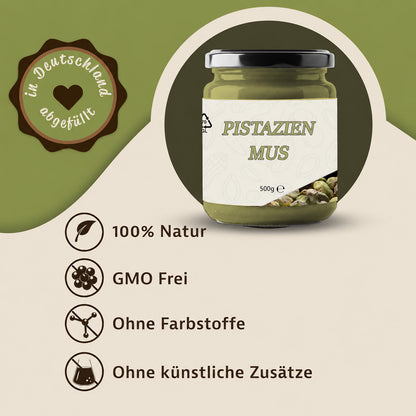 Pistazienmus im 500g Glas auf beigem Hintergrund, daneben Symbole und Hinweise zu natürlichen und veganen Eigenschaften.