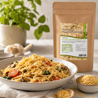 Mynatura hefeflocken neben einem Teller Pasta mit Gemüse, darüber gestreute vegane würzflocken, im Hintergrund frische Kräuter und Knoblauch.