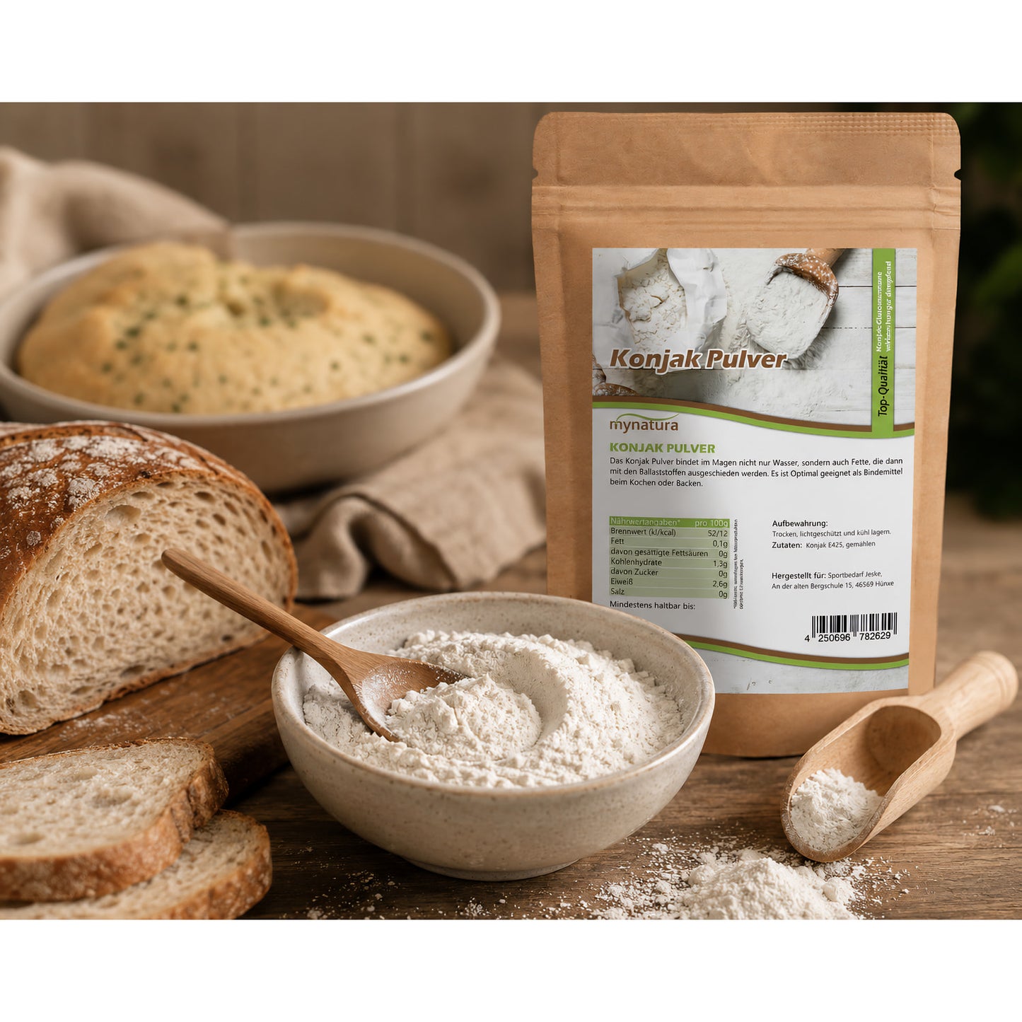 Konjak Pulver in einer Schale mit Holzlöffel, daneben Brotscheiben und ein Beutel, ideal zum Backen und Kochen.