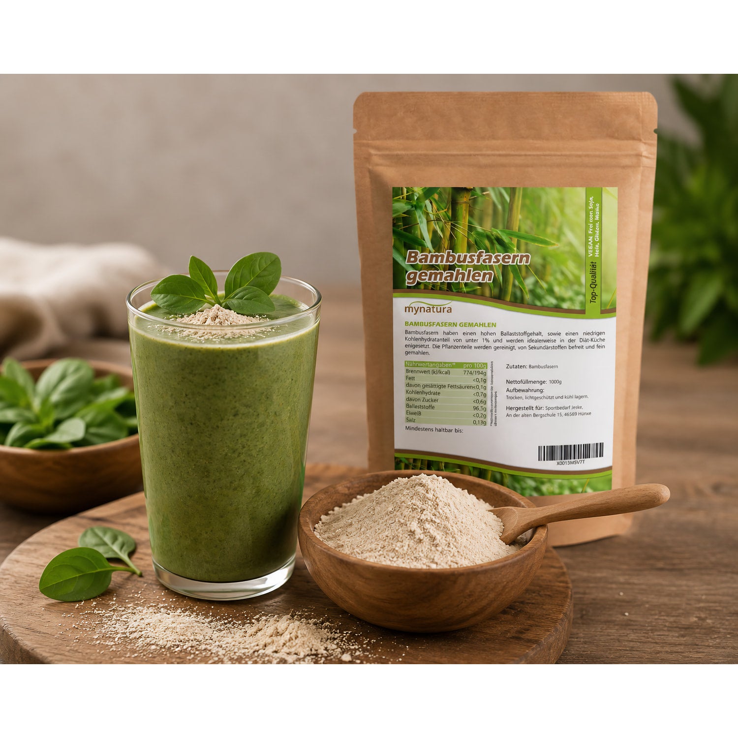 Holzschale mit gemahlenen bambusfasern und Löffel, daneben ein grüner Shake mit Pulver und Beutel im Hintergrund.