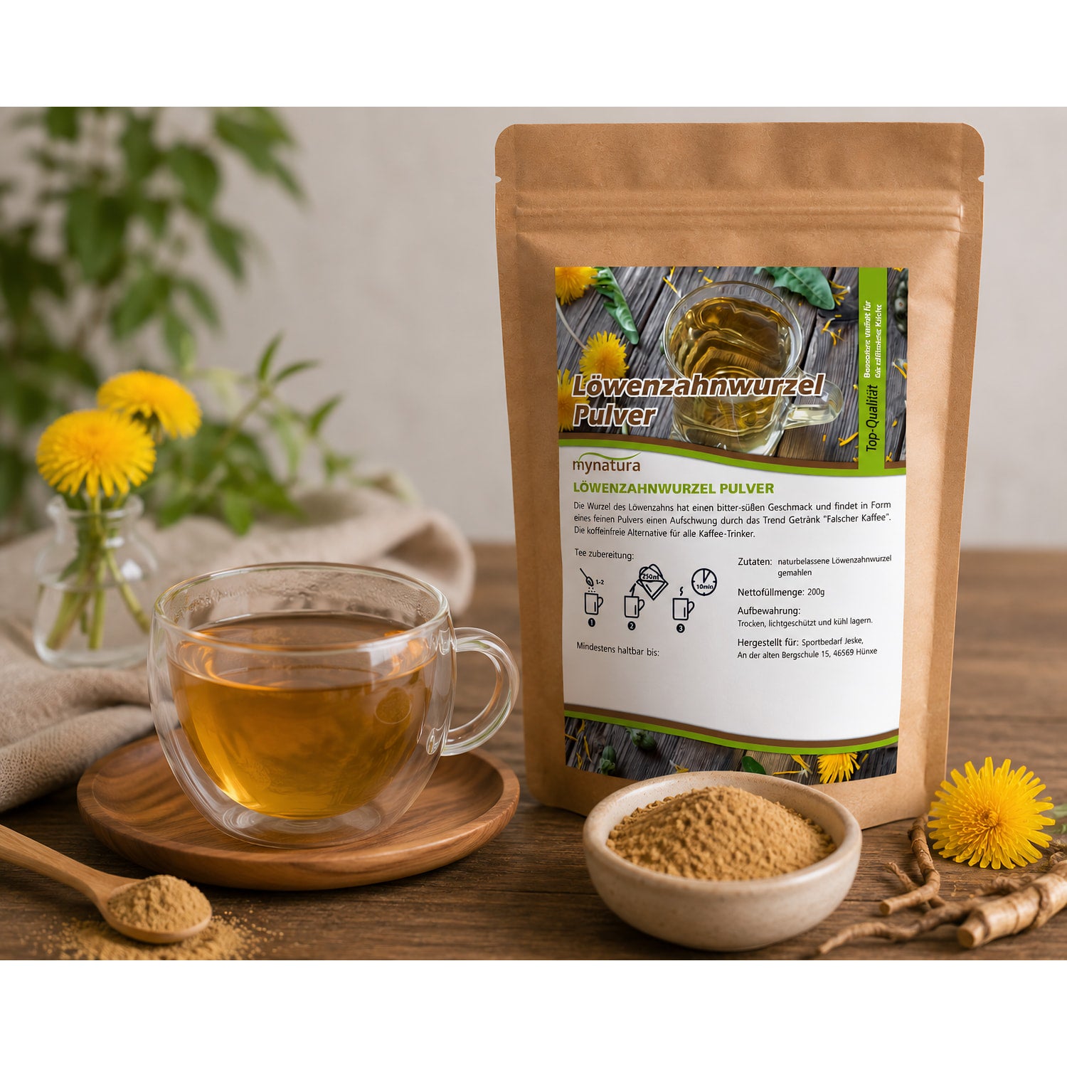 Löwenzahnwurzel Pulver im Beutel neben einer Tasse Tee, Schale mit Pulver und frischer Löwenzahnwurzel auf einem Holztisch, dekoriert mit Blüten.