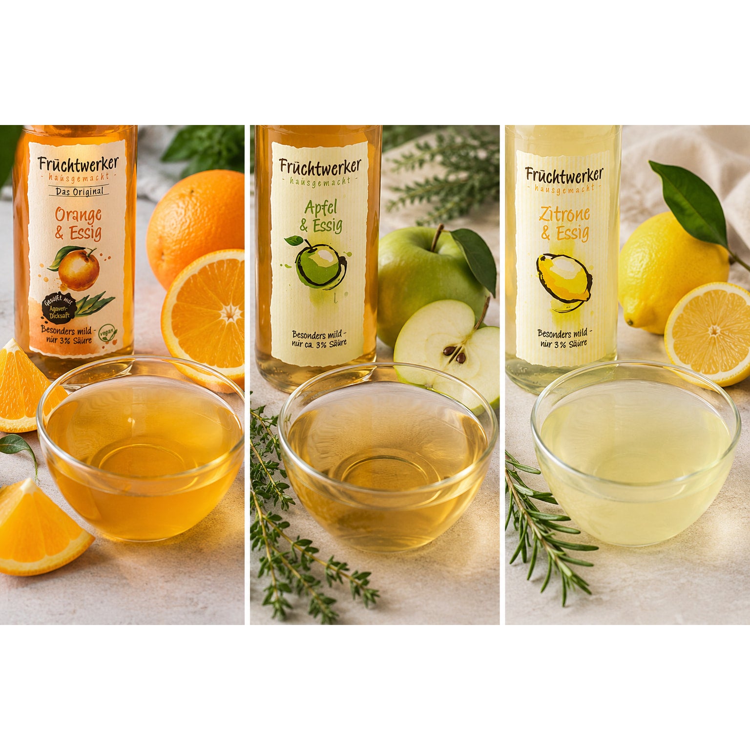 Fruchtwerker Essigflaschen Orange, Apfel und Zitrone jeweils mit passendem Obst und einer Glasschale mit Essig davor arrangiert.