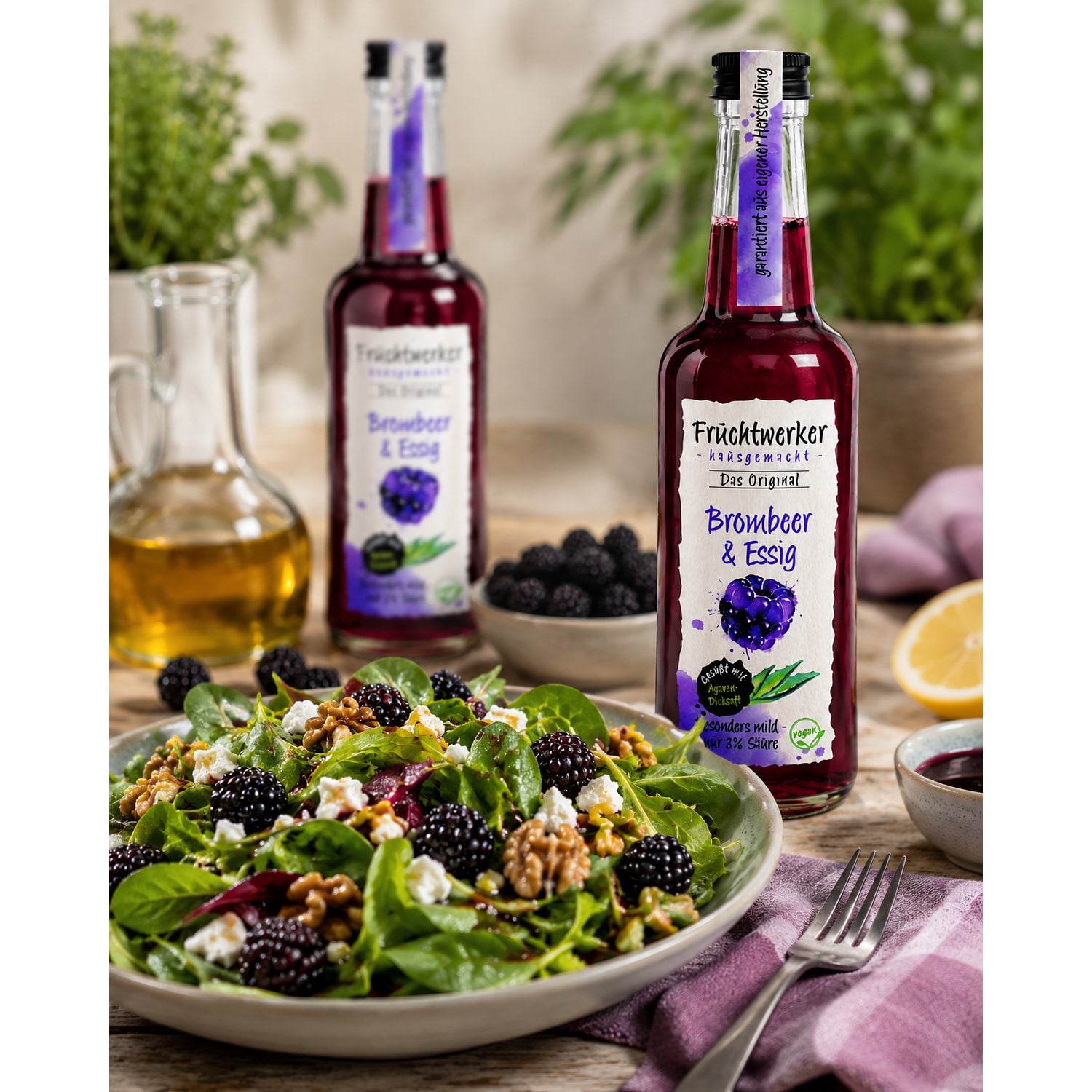 Flasche Fruchtwerker Brombeer & Essig auf Tisch neben Salat mit Brombeeren, Walnüssen und Feta, im Hintergrund weitere Flasche und Zutaten.