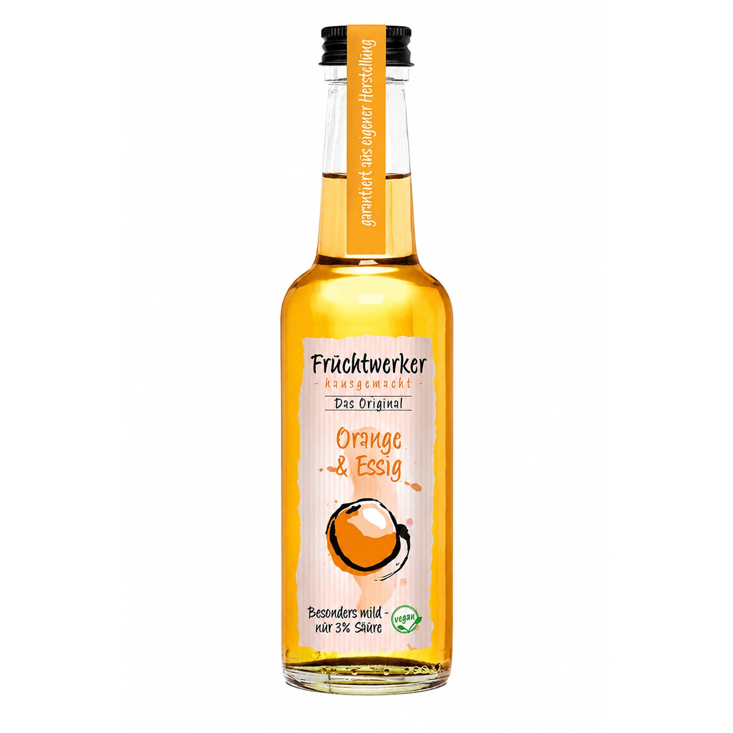Flasche Fruchtwerker Orange & Essig mit orangener Flüssigkeit und Etikett auf weißem Hintergrund.
