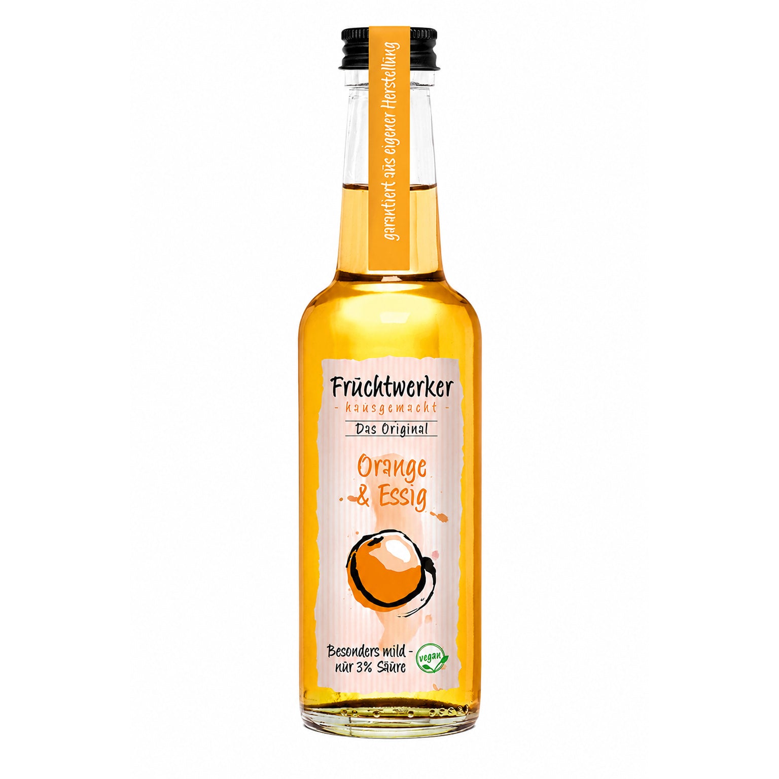 Flasche Fruchtwerker Orange & Essig mit orangener Flüssigkeit und Etikett auf weißem Hintergrund.