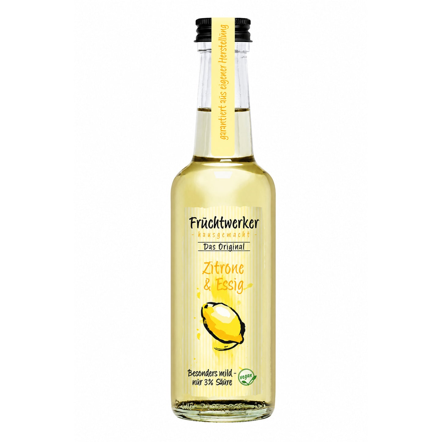 Flasche Fruchtwerker Zitrone & Essig mit gelbem Etikett und Zitronenabbildung, stehend vor weißem Hintergrund.