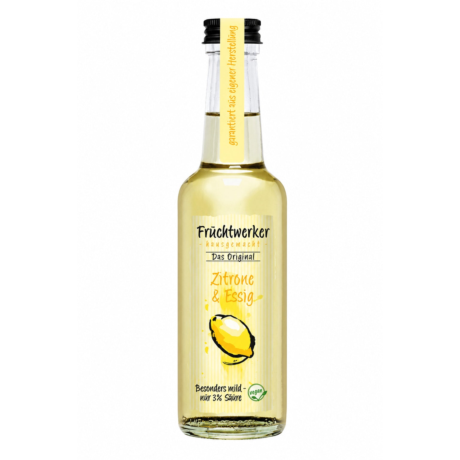 Flasche Fruchtwerker Zitrone & Essig mit gelbem Etikett und Zitronenabbildung, stehend vor weißem Hintergrund.