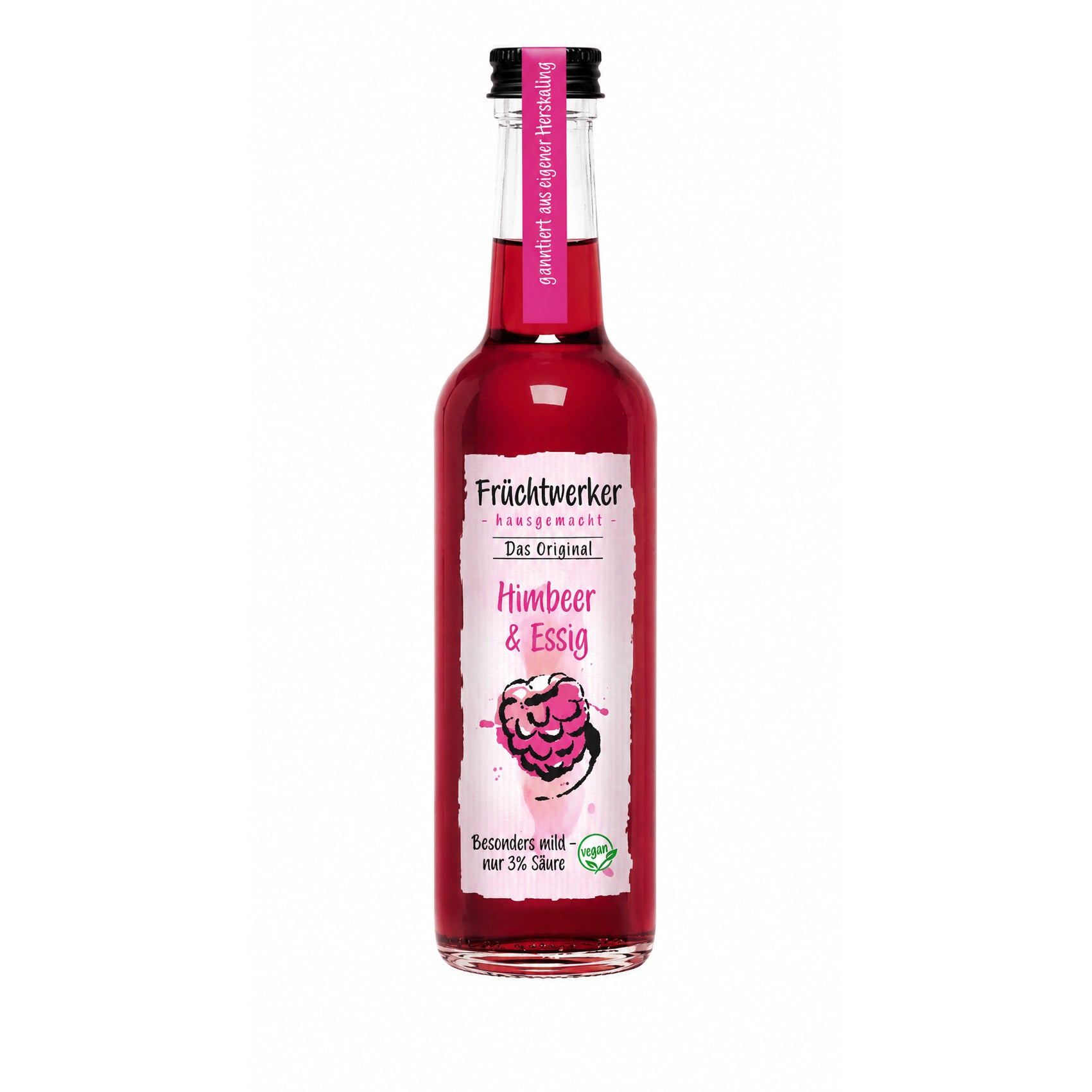 Fruchtwerker Himbeer & Essig 250ml in einer klaren Glasflasche mit pinkfarbenem Etikett und schwarzem Schraubverschluss, freigestellt vor weißem Hintergrund.
