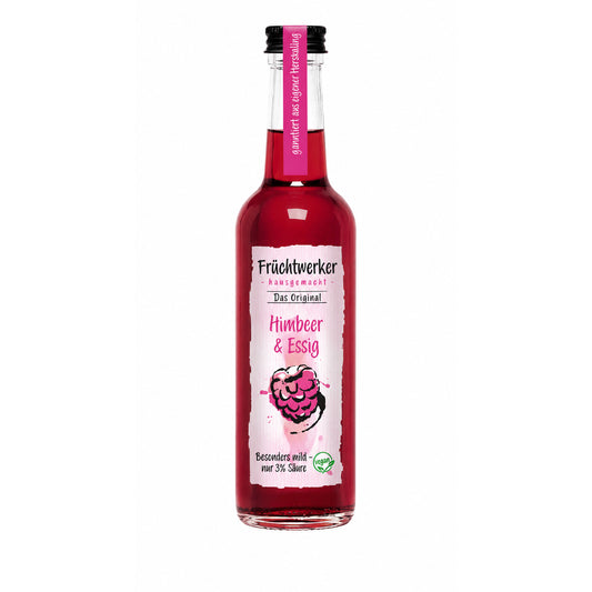 Fruchtwerker Himbeer & Essig 250ml in einer klaren Glasflasche mit pinkfarbenem Etikett und schwarzem Schraubverschluss, freigestellt vor weißem Hintergrund.