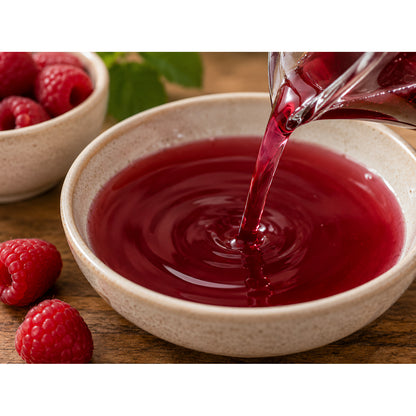 Roter Himbeer-Essig wird aus einer Glaskanne in eine Schale gegossen, daneben liegen frische Himbeeren und eine weitere Schale im Hintergrund.