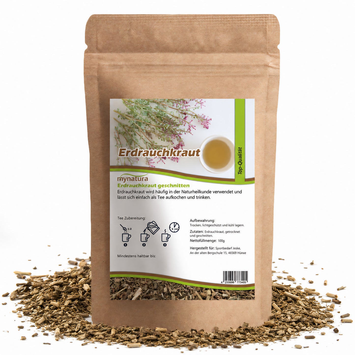 Beutel mit Etikett Erdrauchkraut geschnitten von Mynatura, umgeben von getrocknetem kraut auf weißem Hintergrund, hochwertige kräuterqualität, 100g Packung.
