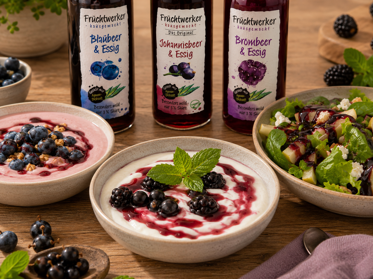 Fruchtwerker Essig und Frucht Set - Blaubeere + Johannisbeere + Brombeere