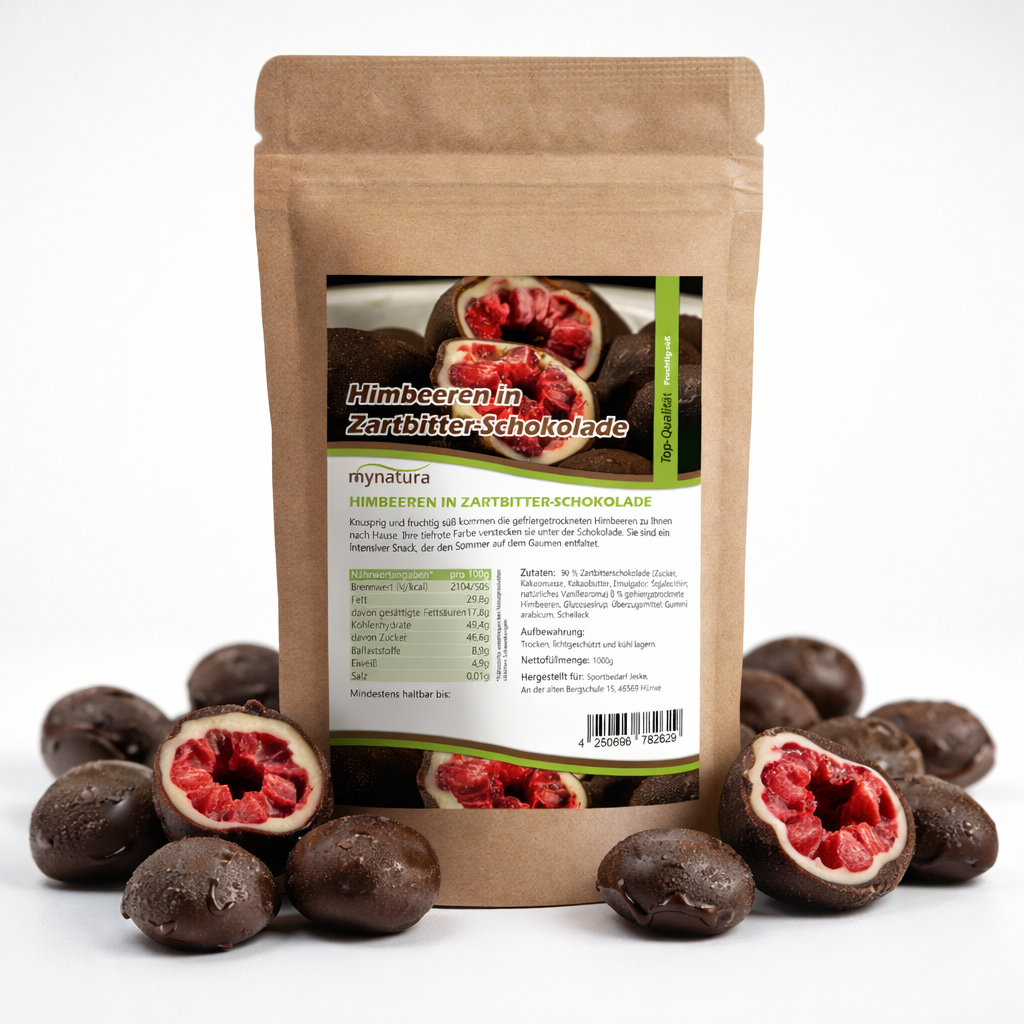 Gefriergetrocknete Himbeeren in Zartbitterschokolade – im Beutel ab 1kg