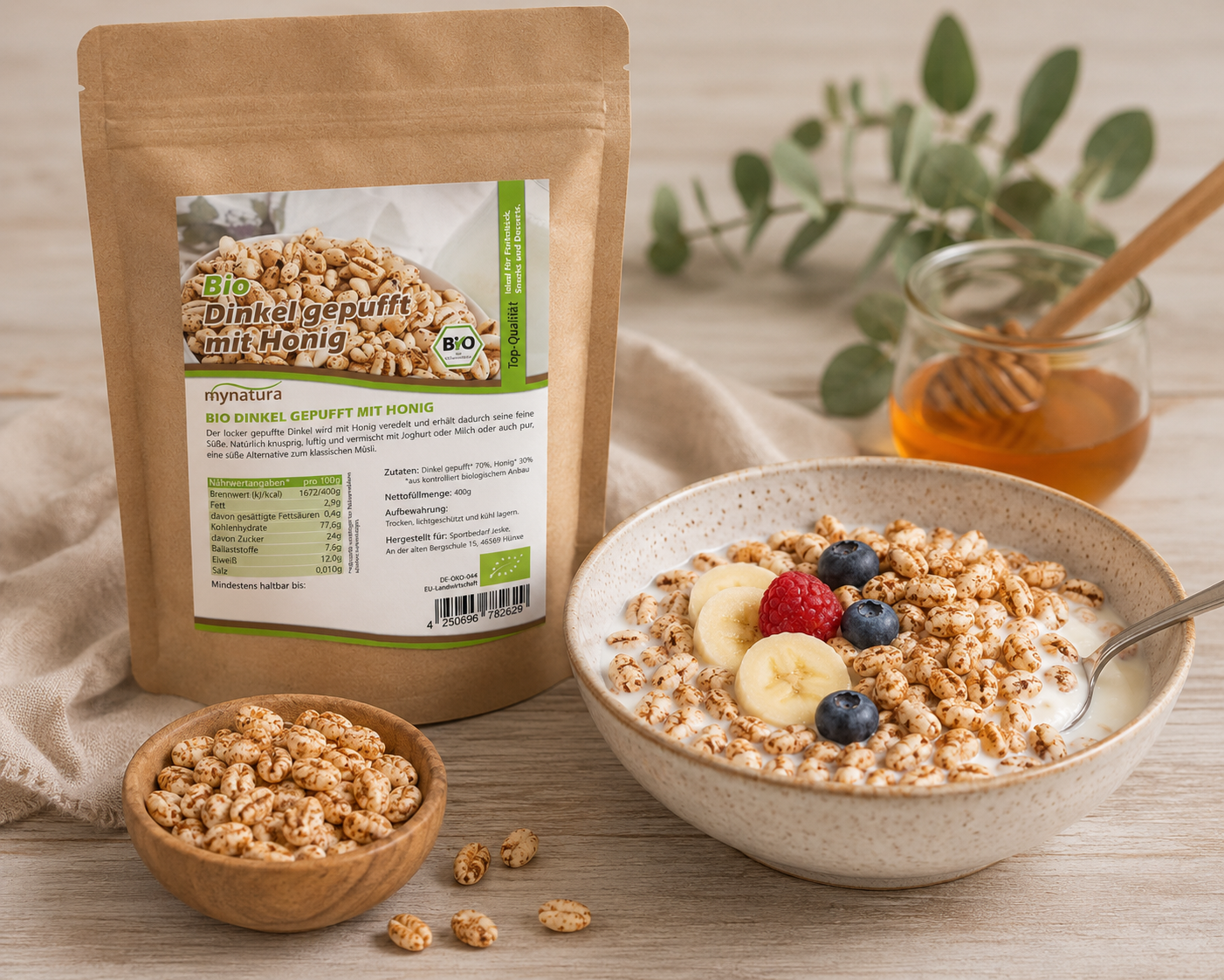 Bio Dinkel gepufft mit Honig – im Beutel ab 400g