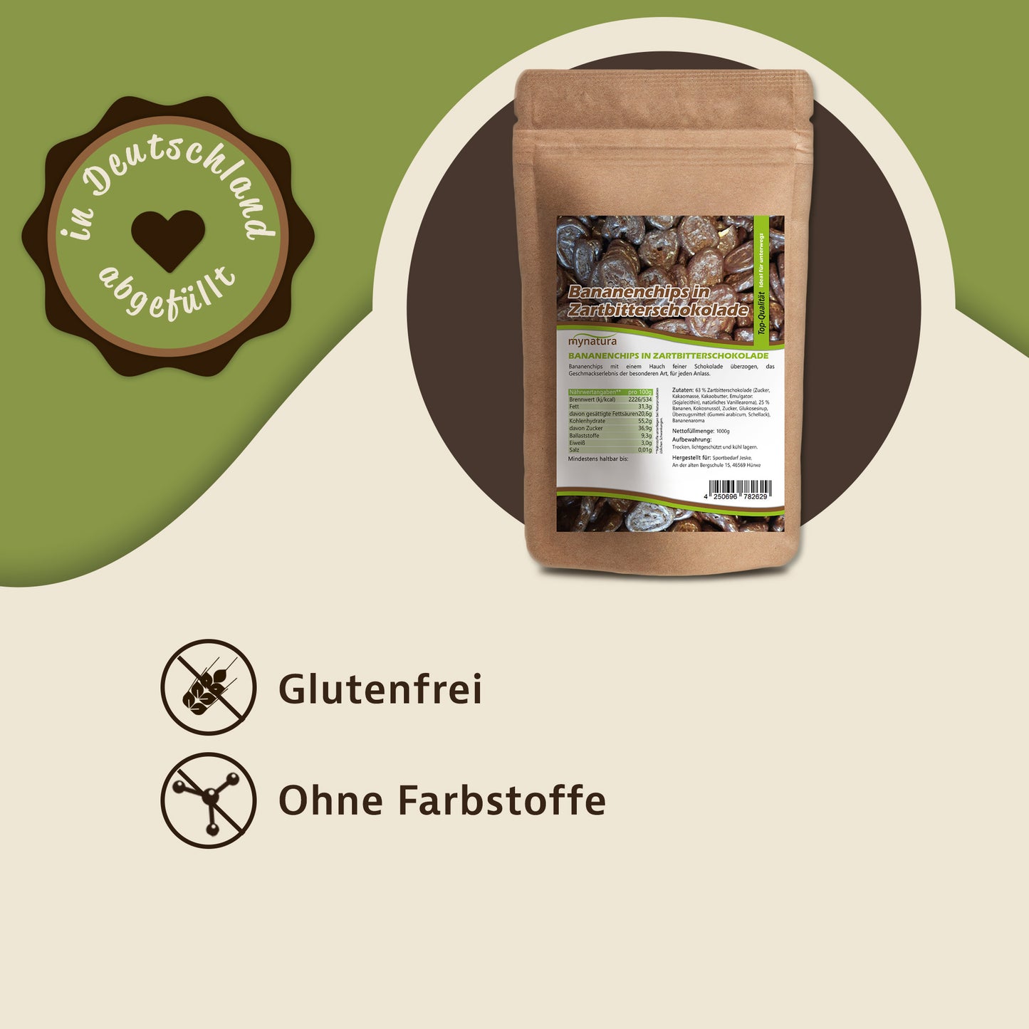 Bananenchips in Zartbitterschokolade – im Beutel