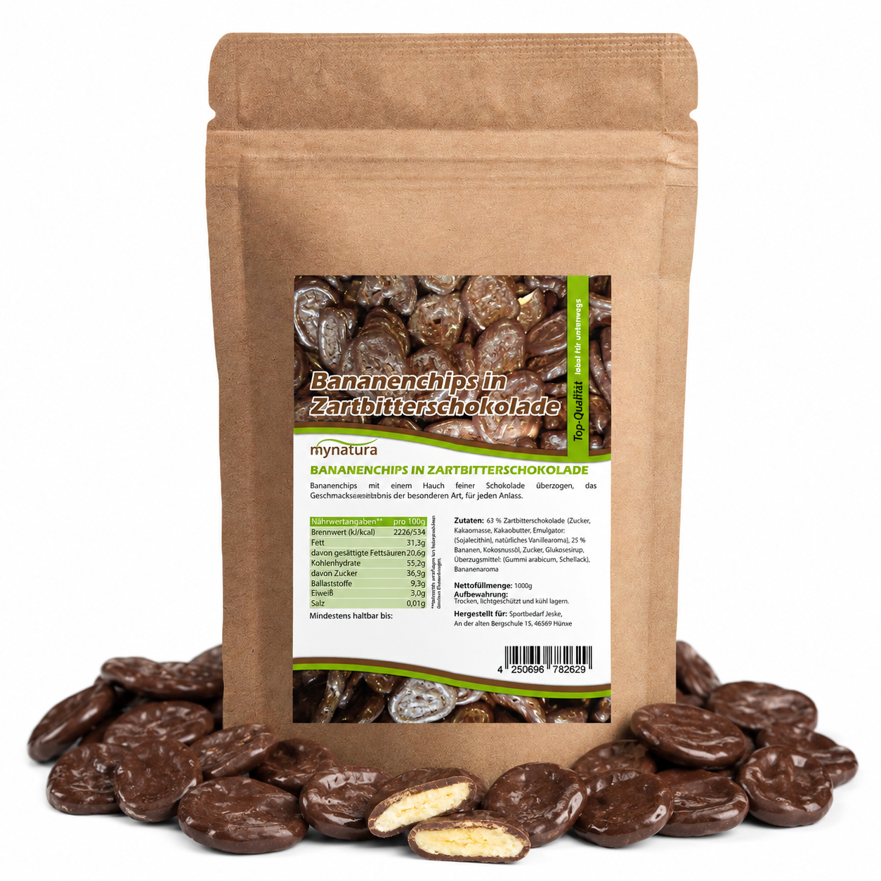 Bananenchips in Zartbitterschokolade – im Beutel